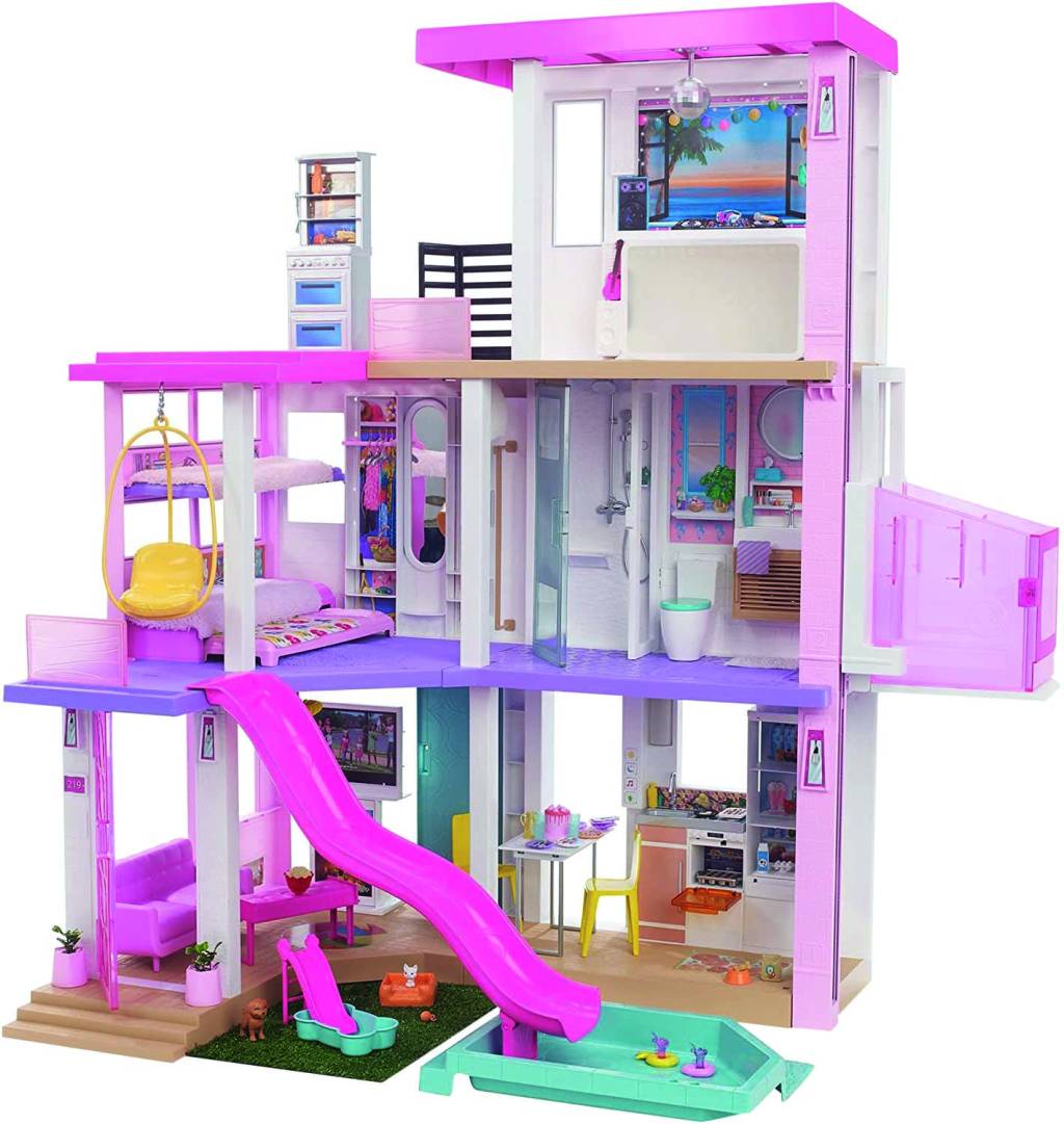 Casa da Barbie com três andares. Feita em tons de rosa, lilás, azul e branco