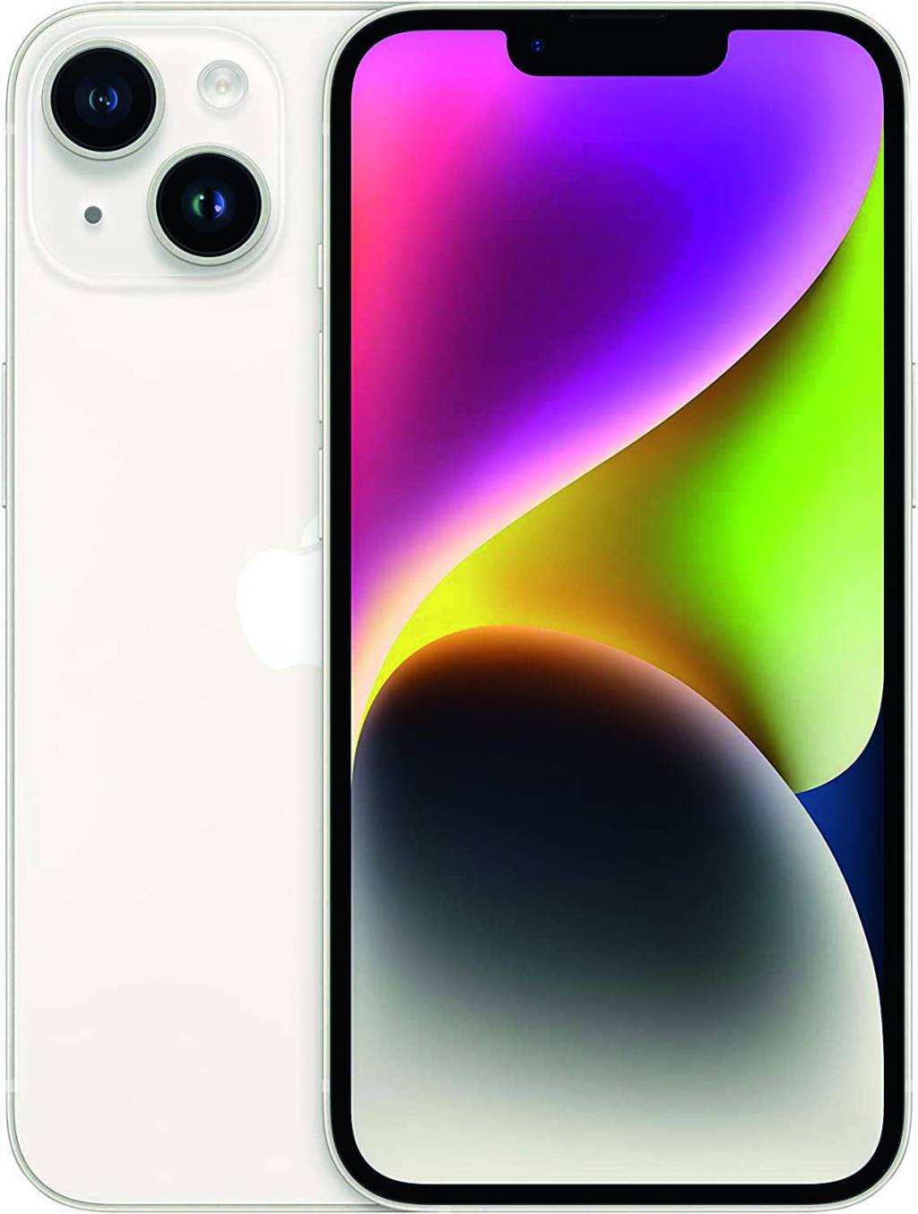 iPhone 14 branco visto de frente e de costas