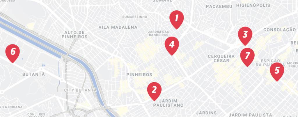 Mapa com setas vermelhas que enumeram sete intervenções urbanas em São Paulo