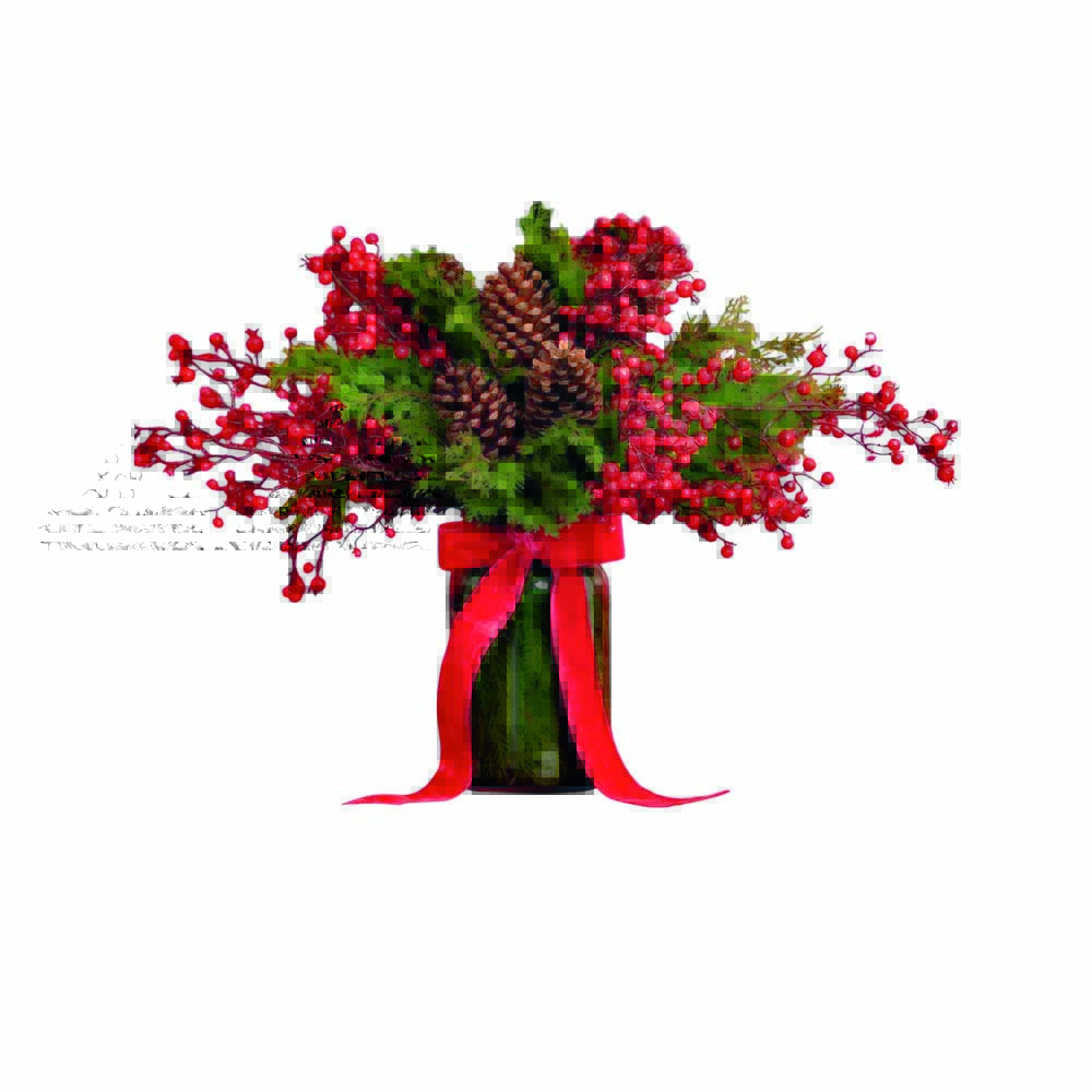 Vaso verde de vidro com arranjo de galhos de cereja, folhagens natalinas e pinhas. Está envolto por um laço vermelho