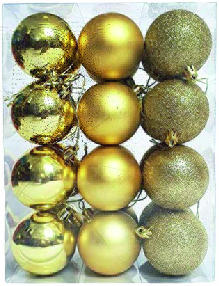 Caixa de plástico transparente com bolas douradas de Natal