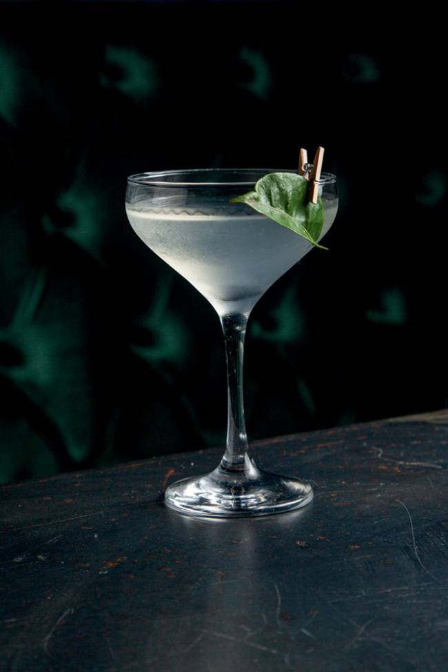Copo de martíni com líquido branco transparente claro e folhinha pregada na borda