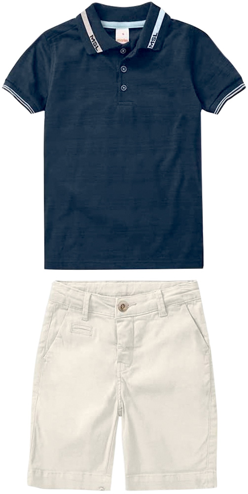Conjunto masculino infantil. Composto por uma camiseta polo azul marinho e uma bermuda jeans branca