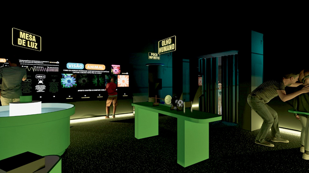 Imagem mostra sala escura com atrações de museu