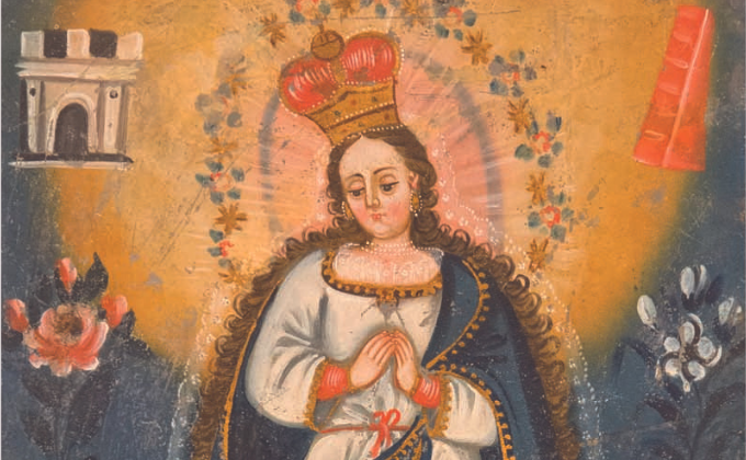 Imagem mostra pintura de santa católica