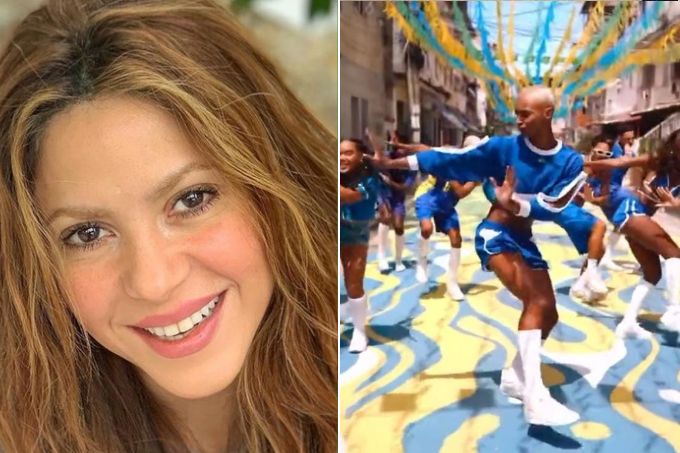 Montagem com foto de Shakira e vídeo de Raphael dançando com outras quatro pessoas em rua pintada com cores do Brasil e bandeirolas do Brasil