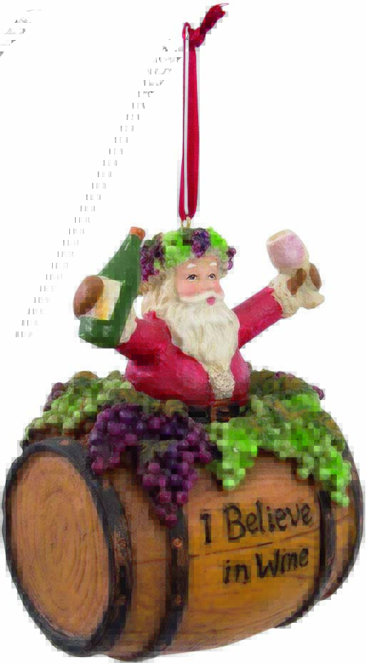 Pingente de Papai Noel para árvore de Natal. Ele está sentada em cima de um barril e rodeado por uvas, enquanto segura uma taça e uma garrafa de vinho com os braços erguidos