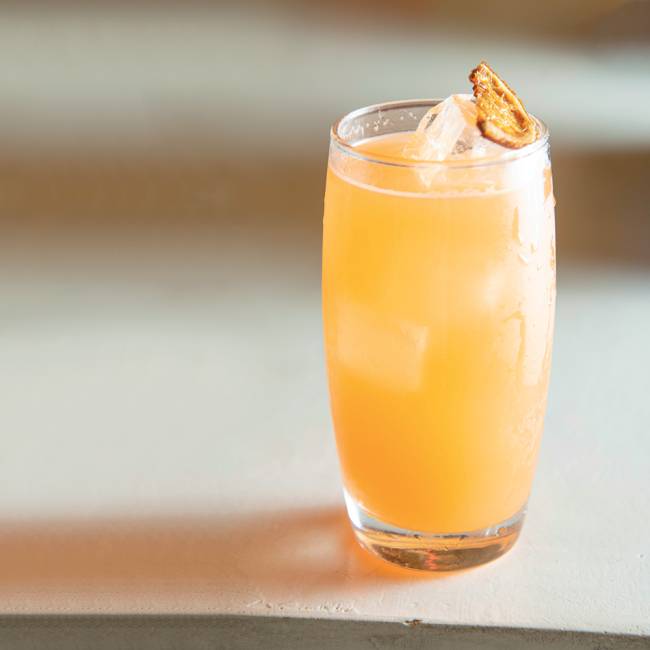 Copo alto ovalado com conteúdo laranja e meia fatia de laranja desidratada apoiada sobre o gelo do drink