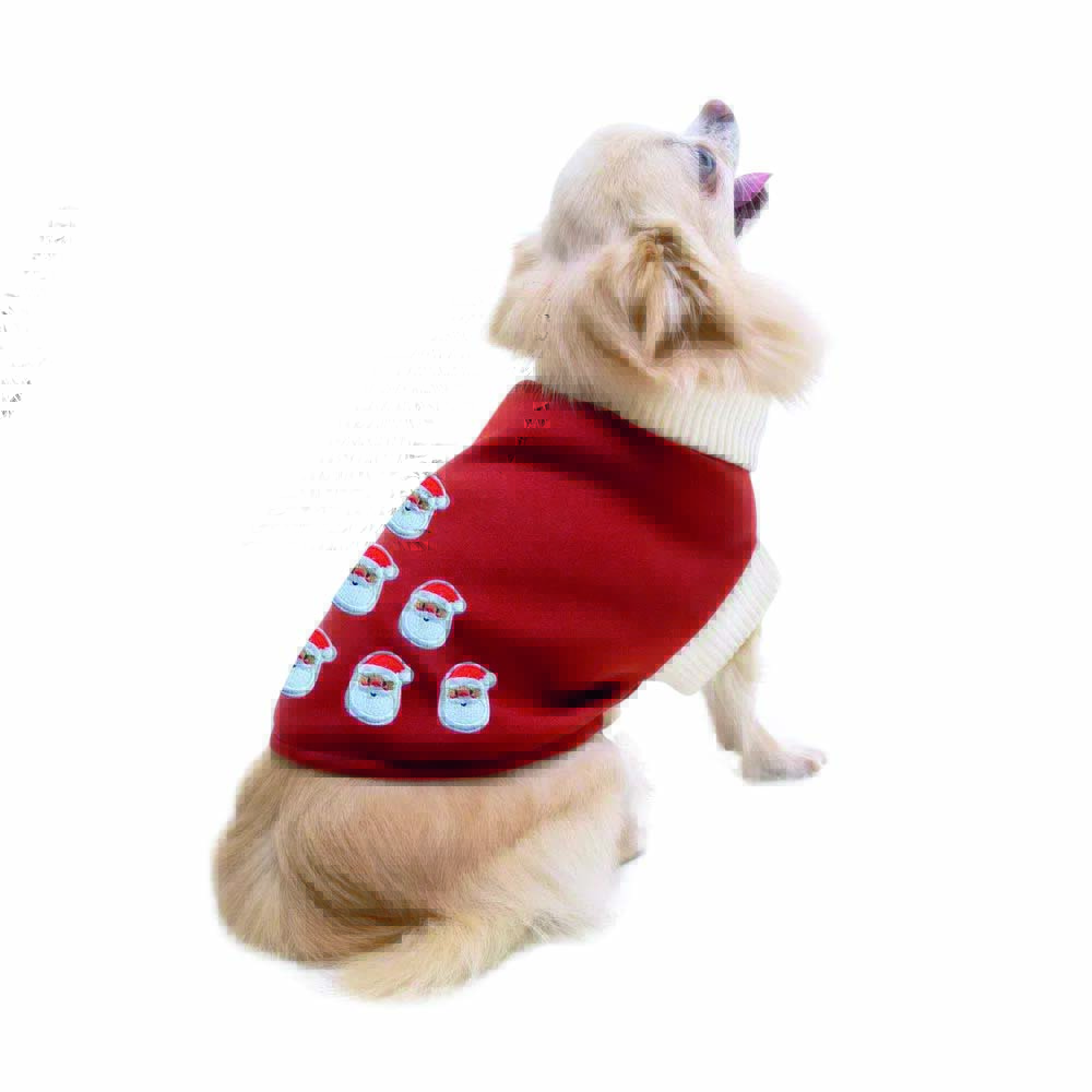 Cachorro de porte pequeno usa suéter natalino vermelho com patchs com o rosto do Papai Noel