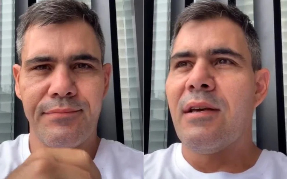 Montagem com duas fotos do mesmo vídeo de Juliano Cazarré, que o mostra insatisfeito e usando camiseta branca