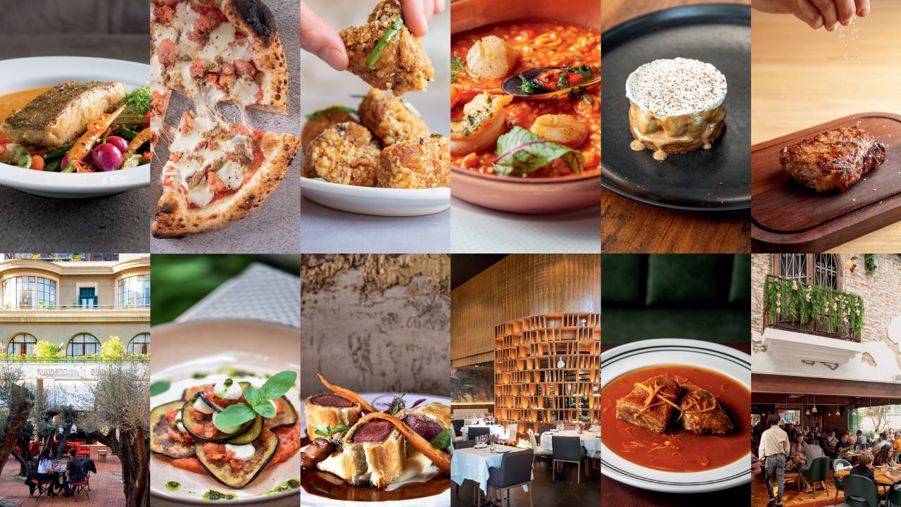 Montagem com fotos de doze pratos e restaurantes