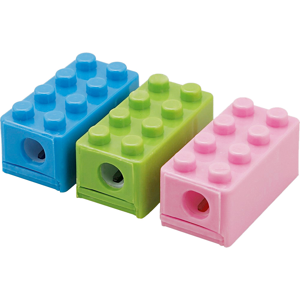 Apontador lego.jpg Três apontadores. um azul, um verde e um rosa, em formato de bloco de montar