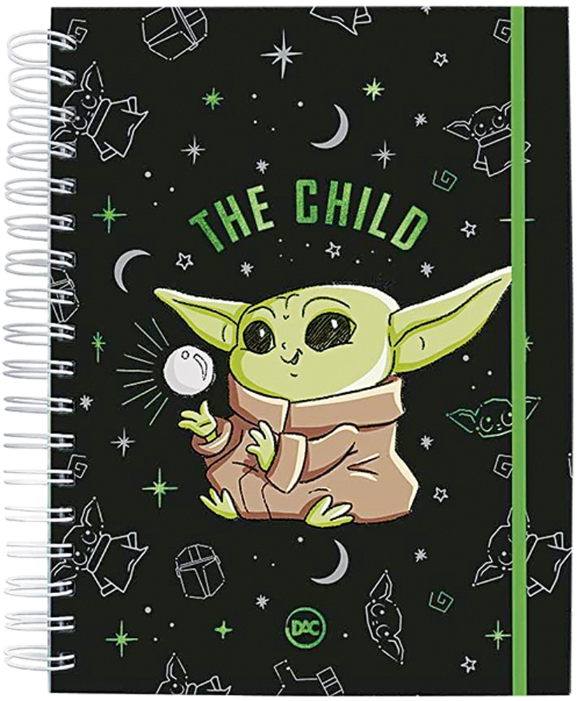 Caderno espiral com ilustração do Baby Yoda em fundo preto