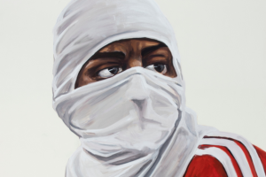 Imagem mostra pintura de homem usando balaclava branca