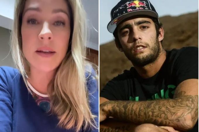 Montagem com foto de Luana Piovani, com semblante bravo, e com Pedro Scooby, com expressão tranquila
