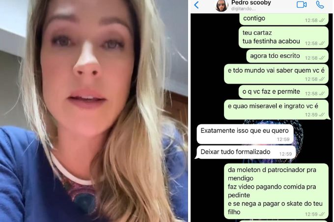 Montagem com foto de Luana Piovani e print de conversa no WhatsApp