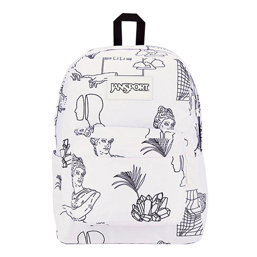 Mochila de costas Jansport. É branca com desenhos pretos de estátuas gregas, plantas e cristais