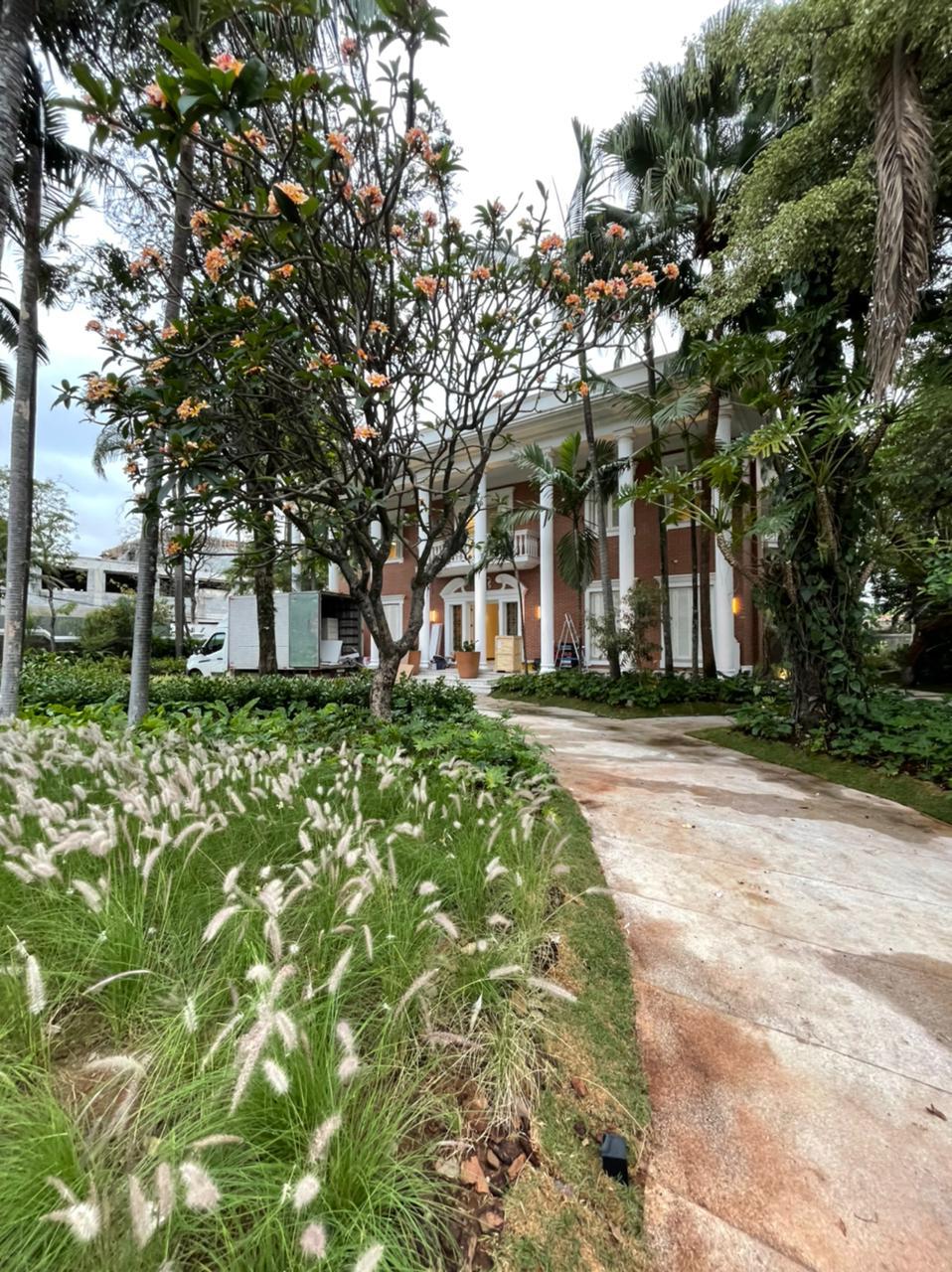 Jardim com plantinhas brancas, passarela de concreto e árvores ao fundo escondem mansão de dois andares.