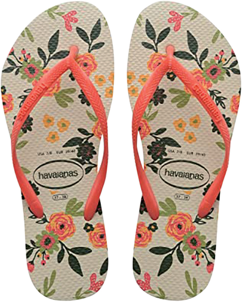 Par de chinelos femininos com estampa florida (o fundo é off-white a as flores são laranja)