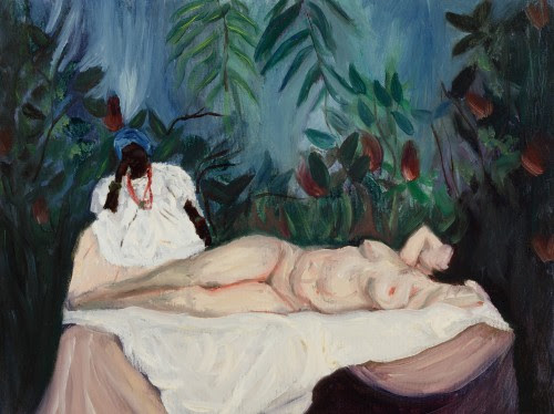 Quadro retratando mulher nua deitada à frente de plantas