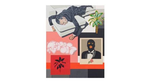 Tela pintada com diversos elementos independentes em setores quadrados e retangulares como um homem deitado num sofá trajando terno e um homem de smoking trajando uma balaclava
