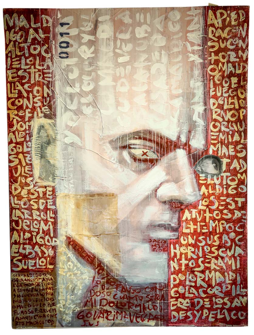 CHEOGONZALEZ_8.JPG Imagem mostra pintura vermelha e branca, com uma cabeça grande ao centro