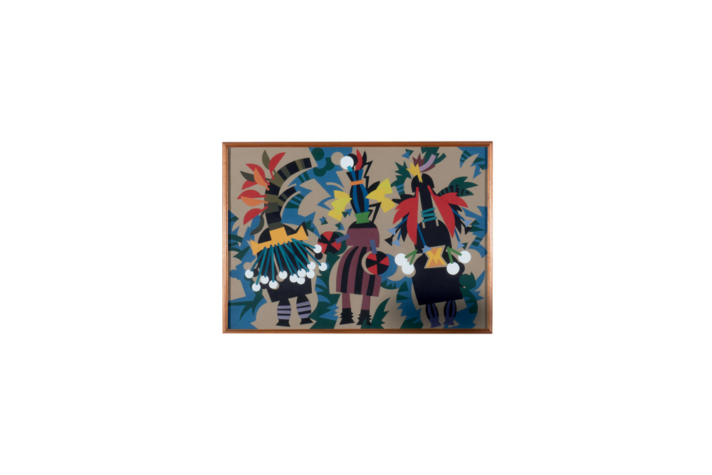 Imagem mostra quadro colorido com figuras e desenhos afro-brasileiros