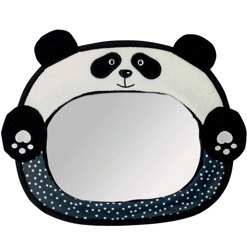 Espelho oval para banco traseiro do carro. A moldura possui ilustração em preto e branco de um panda