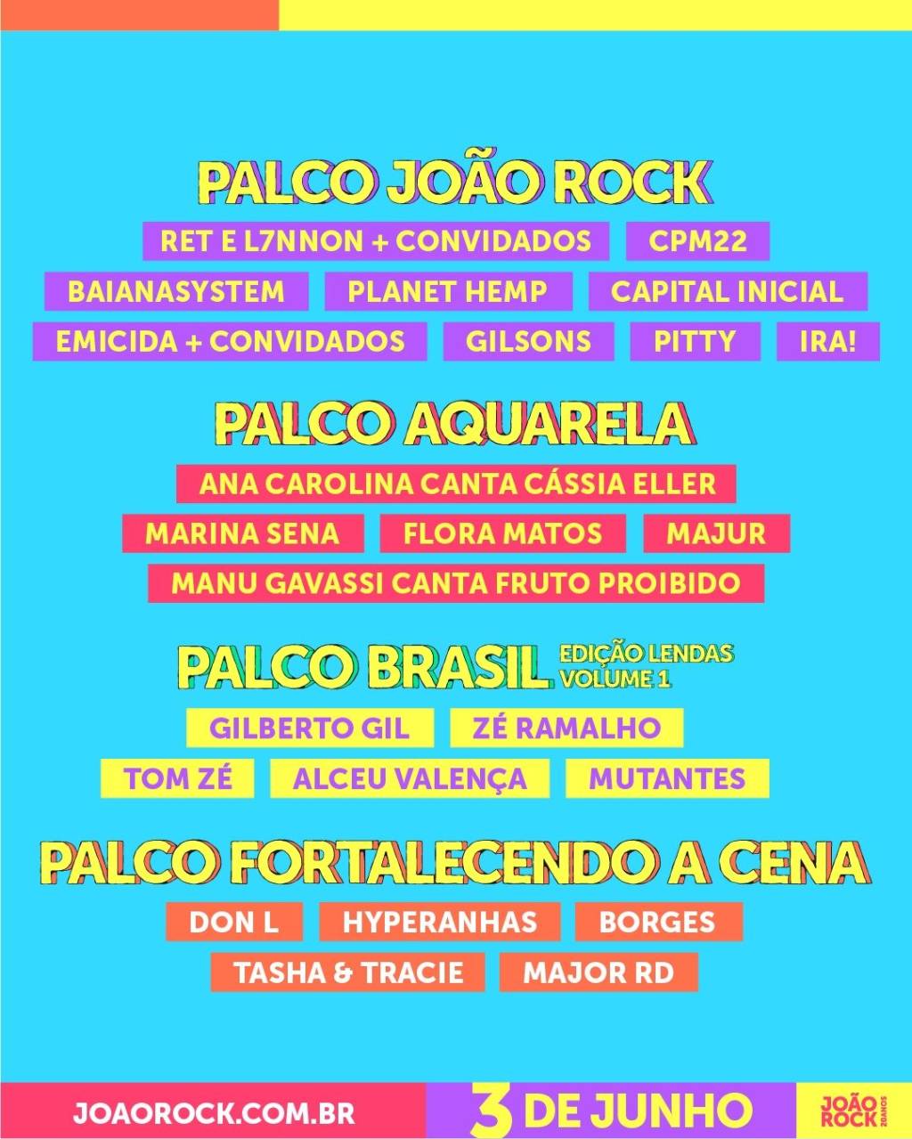 Imagem mostra cartaz com fundo azul e atrações de festival