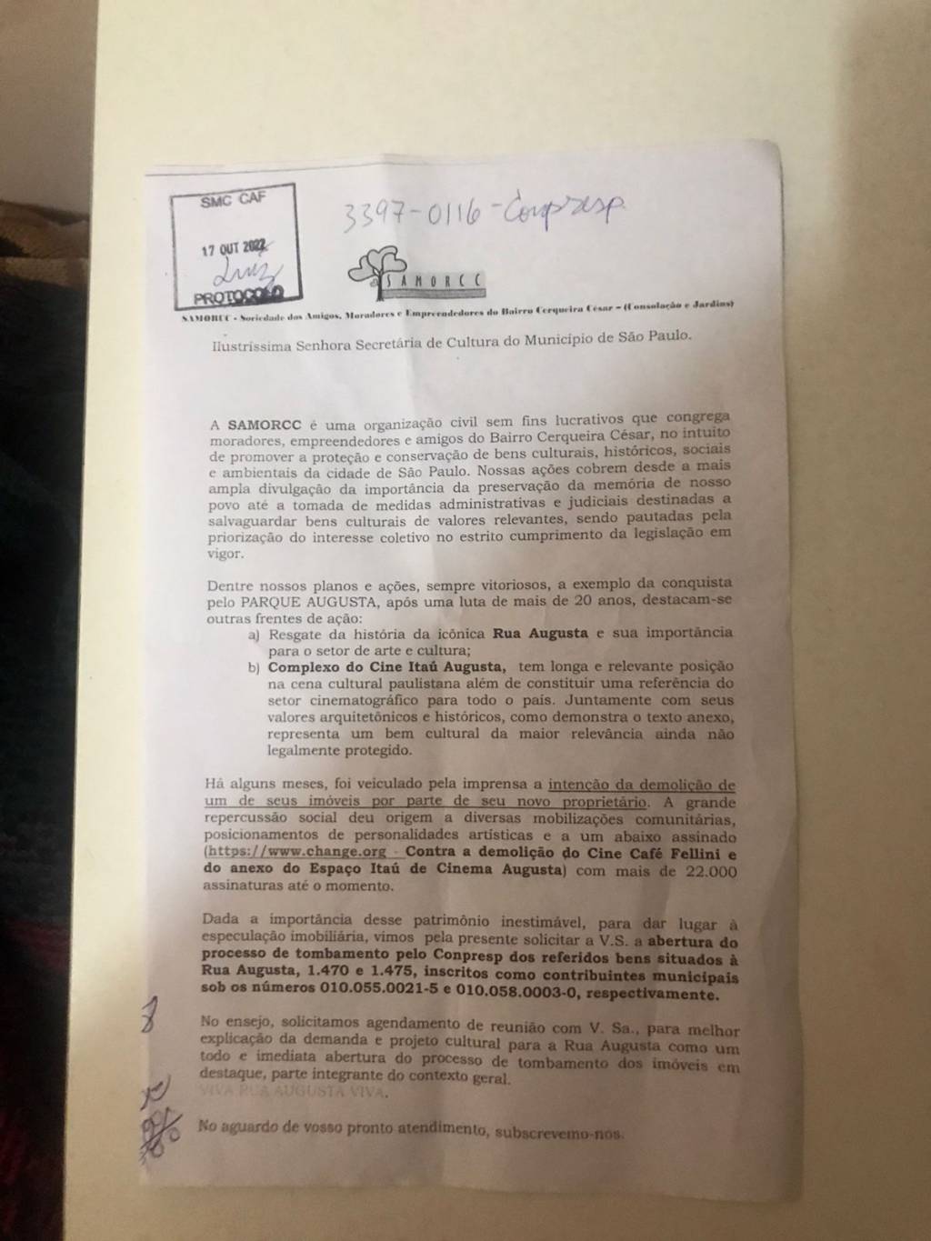 Ofício enviado pela Samorcc no dia 17 de outubro de 2022 e não respondido pela Prefeitura de São Paulo até o protocolo da ação na Justiça