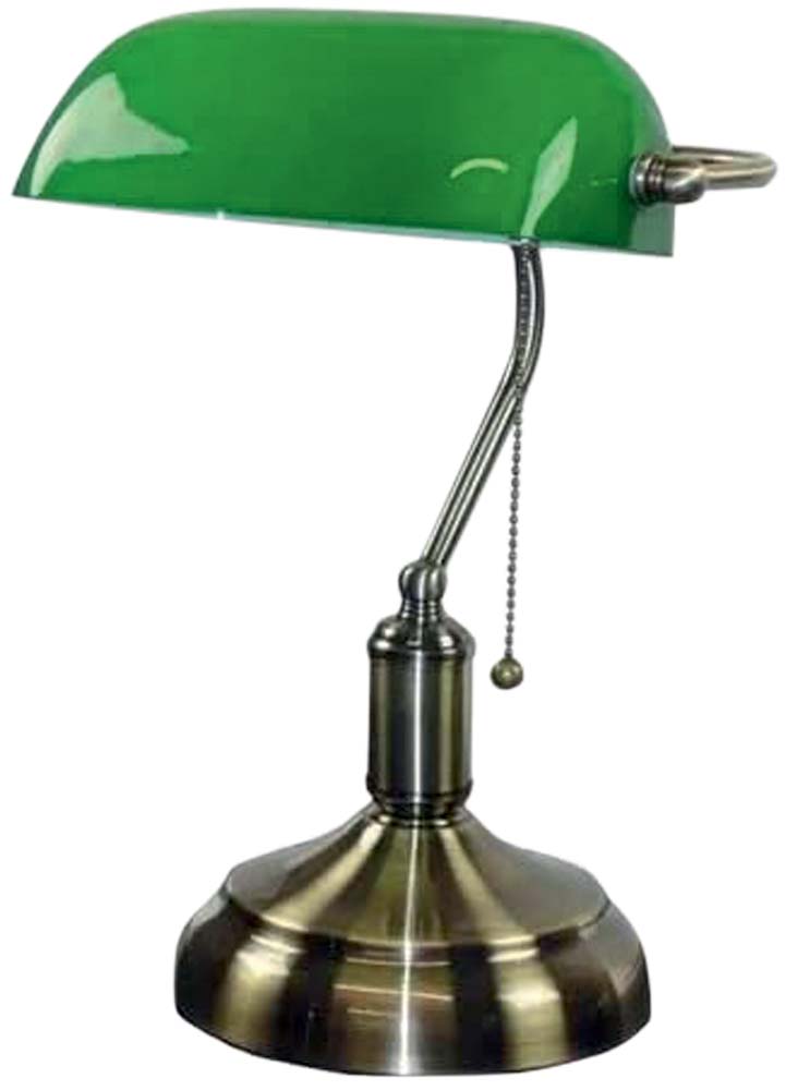 Abajur de mesa com base de ferro e cúpula de vidro verde. Modelo vintage