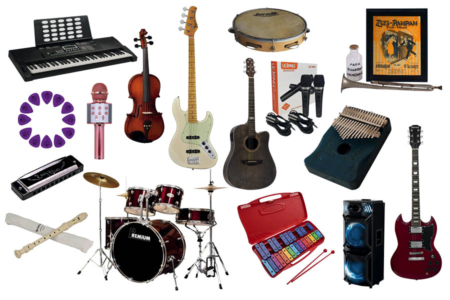 Instrumentos musicais variados em fundo branco