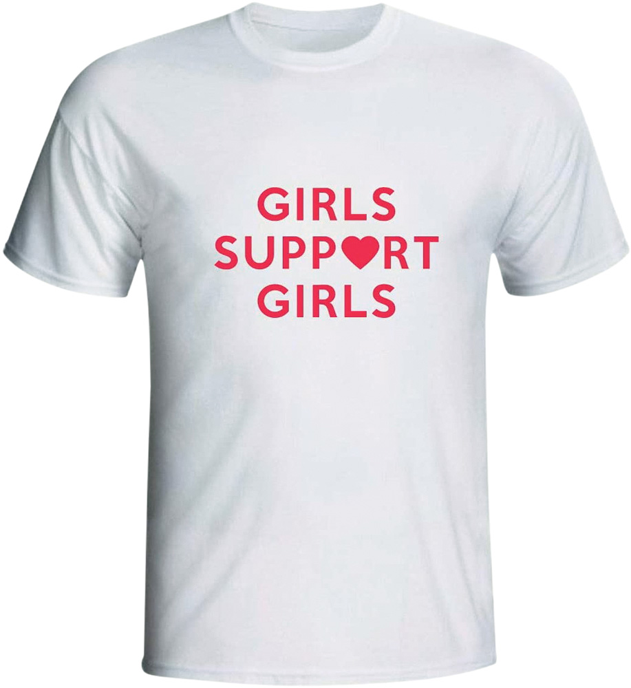 Camiseta branca com frase em vermelho 'Girls Support Gilrs'