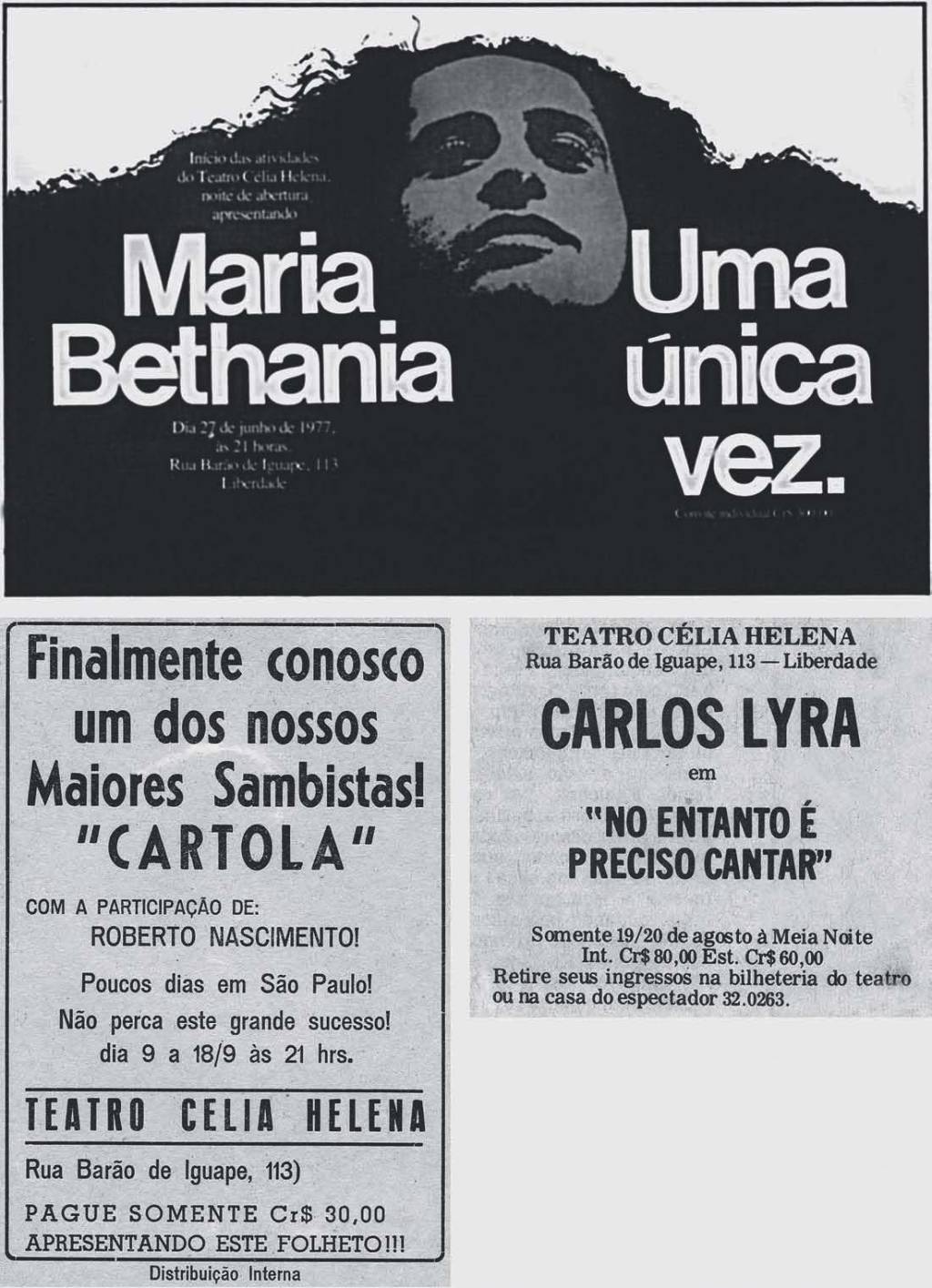 Foto em preto e branco de anúncio de inauguração do teatro, com show de Maria Bethânia.