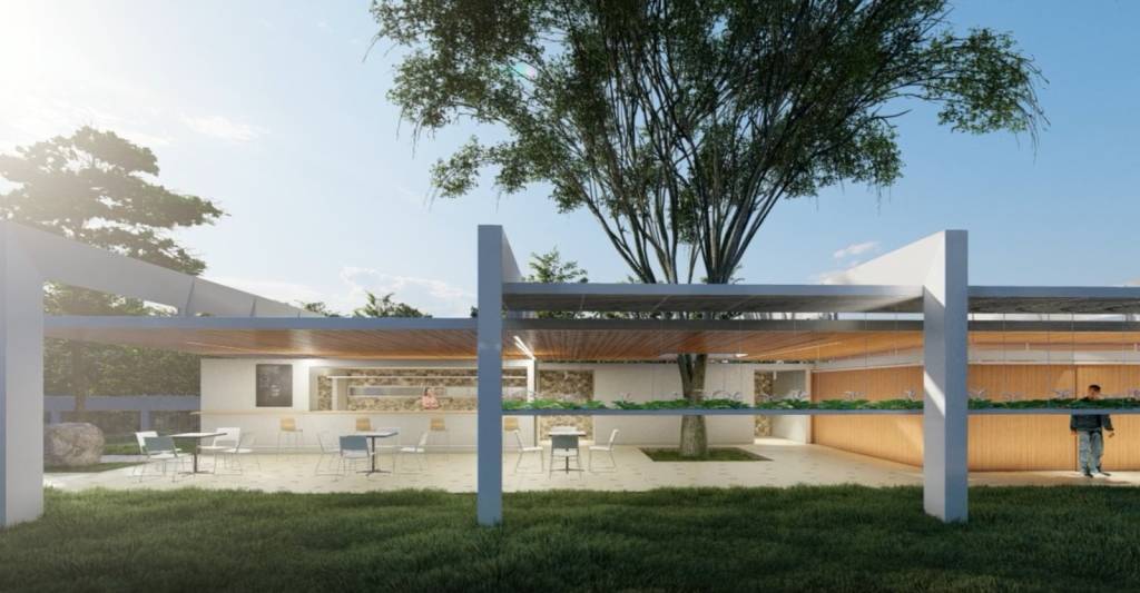 Reforma Ema Klabin (Rômulo Oraggio Beraldi-Divulgação) (2) Imagem 3D exibe jardim, passarela cinza e entrada em casa moderna com vidraças.