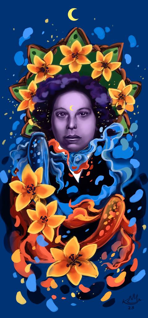 Kelly Reis Imagem mostra pintura sobre fundo azul mostrando rosto de mulher com flores ao seu redor