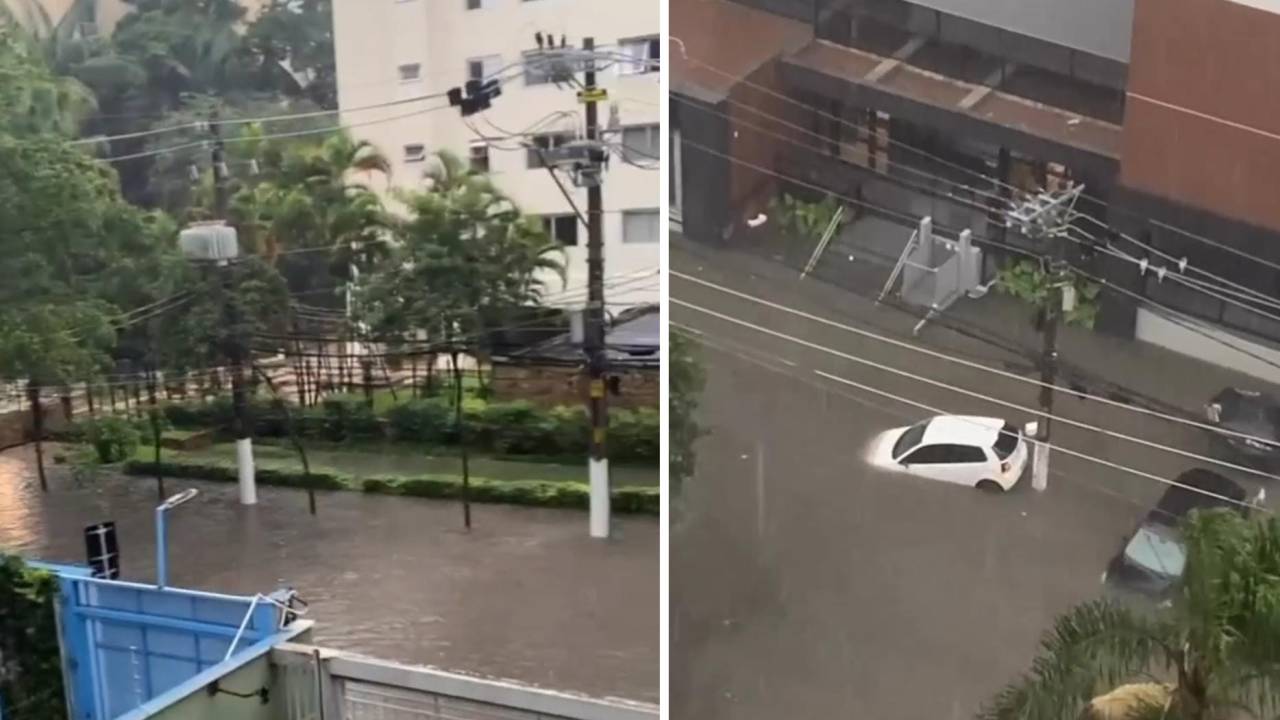 Enchente deixou carros boiando em rua de Moema