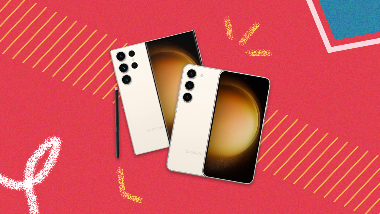 Montagem com fotos de dois smartphones, em fundo vermelho