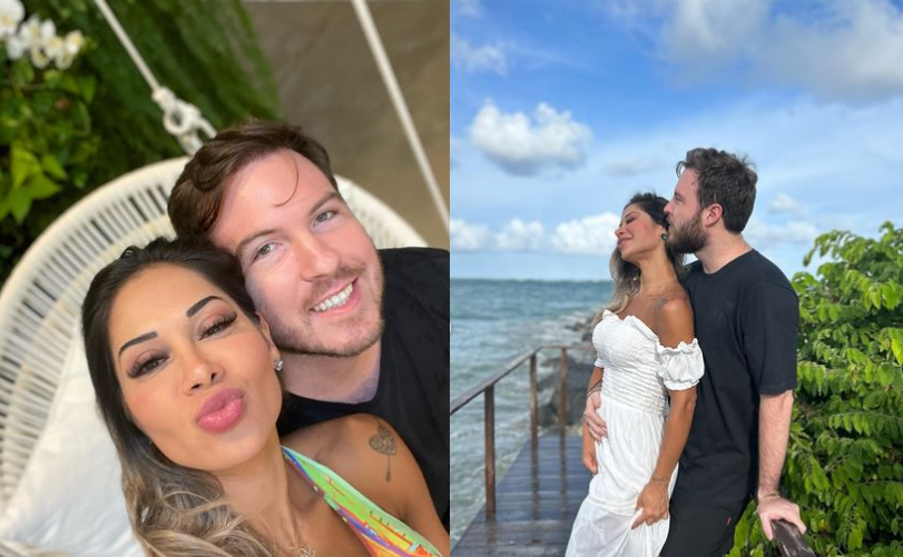 Duas fotos de Maira Cardi ao lado de Tiago Nigro, uma é uma selfie dos dois com ela jogando beijo para a câmera e na outra os dois abraçados olhando o mar