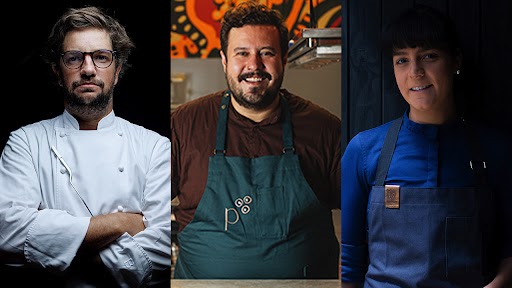 Retratos dos chefs: Hervé Witmeur, Caio Soter e Manu Buffara