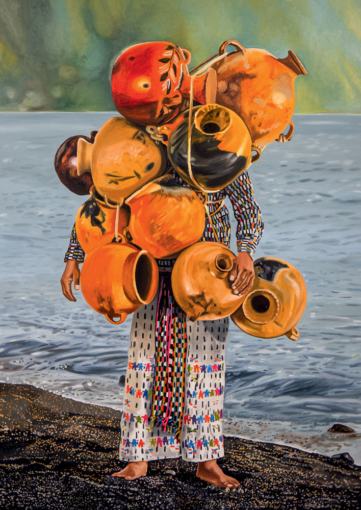 Imagem mostra pintura colorida de pessoa carregando vasos laranjas