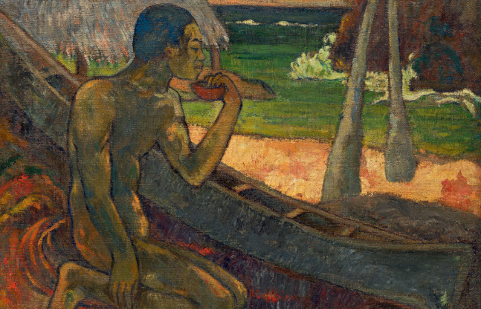Imagem mostra pintura de homem sem roupa ao lado de canoa