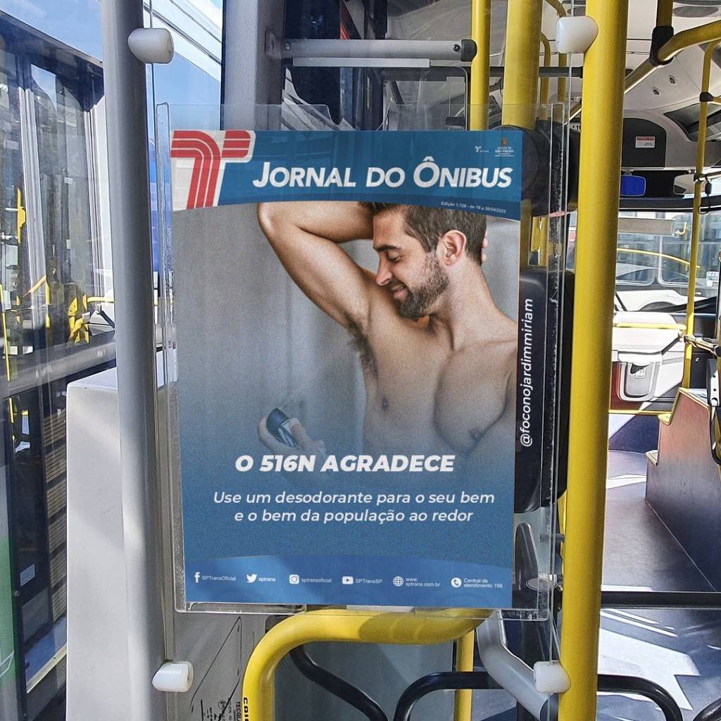 Meme criado a partir da campanha da SPTrans para pedir que os homens fechem as pernas nos ônibus