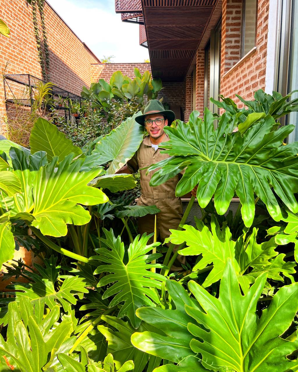 João Queiroz posa de chapéu em meio a grandes plantas em vários tons de verde.
