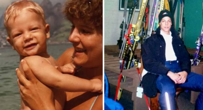 Porchat Montagem com duas fotos. À esquerda, bebê com mulher e à direita, adolescente com gorro