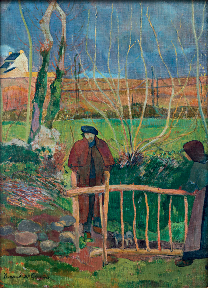 Imagem mostra pintura com pessoa ao centro de jardim