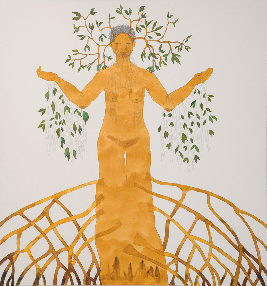 Imagem mostra pintura de mulher com raízes e galhos na pele
