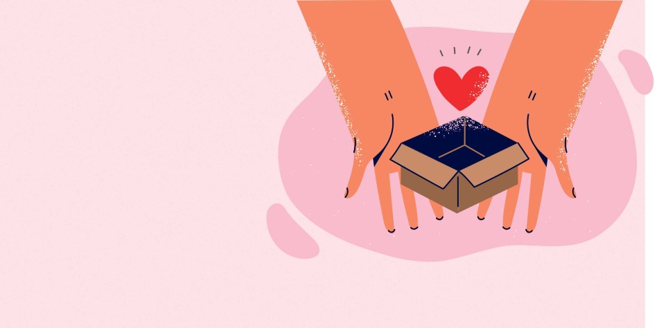 Desenho de duas mãos segurando uma caixa de papelão com um coração dentro