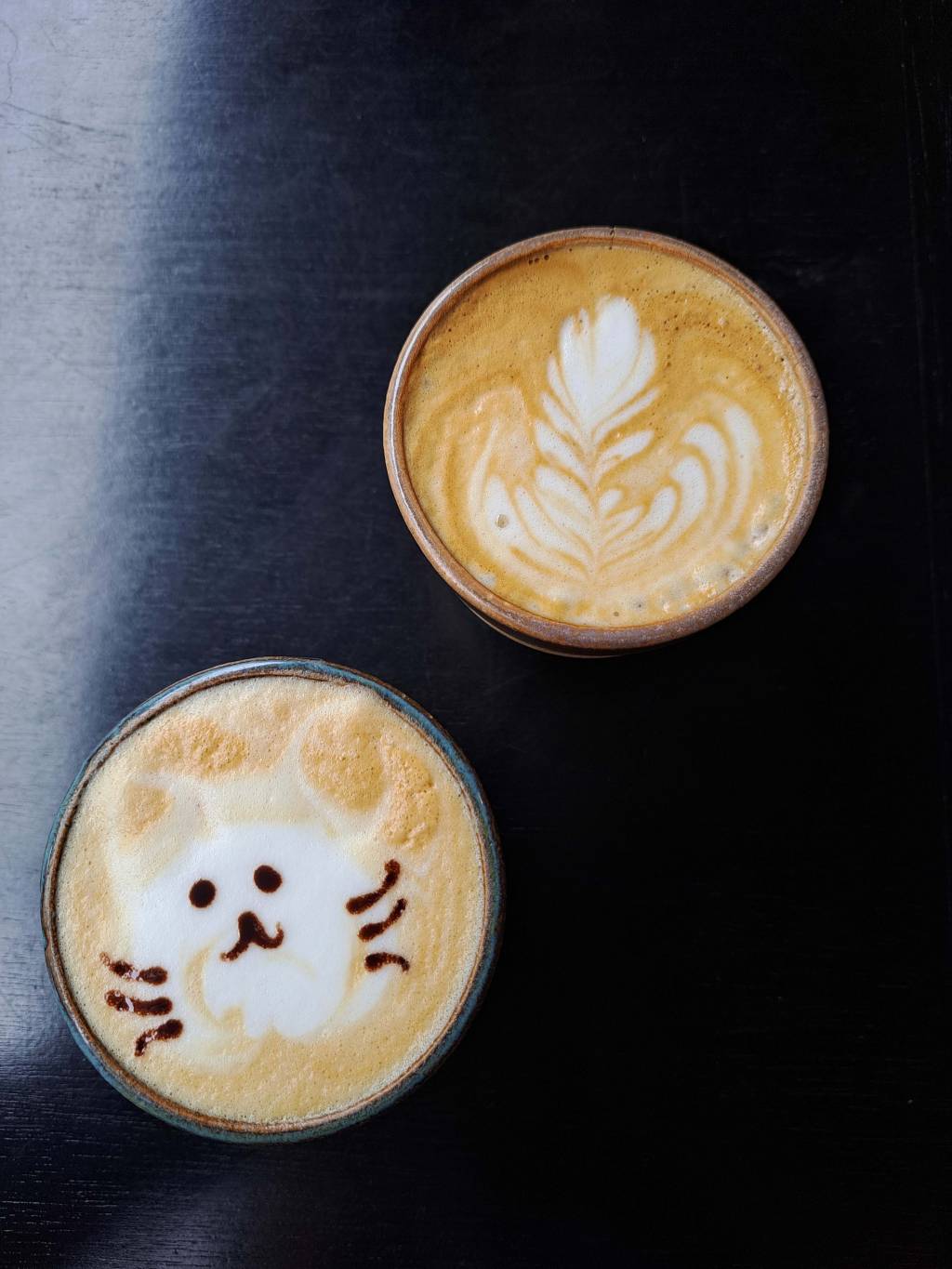 Foto aérea de dois cafés, um deles com latte art em formato de gato.