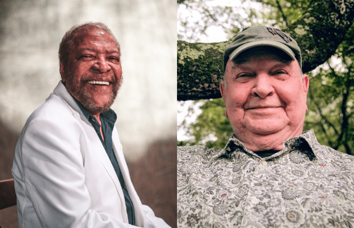 Imagem mostra duas fotos de homens sorrindo, com roupas claras